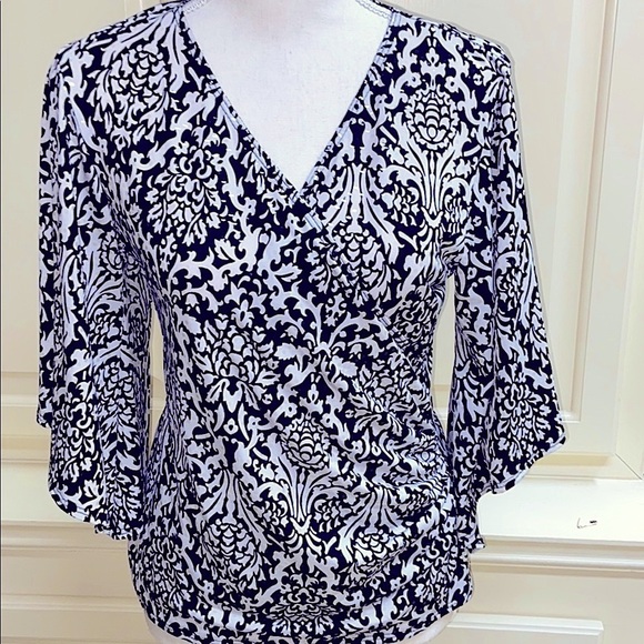 MSK Faux Wrap Top Black& White Paisley Sparkling Sequin Flattering Bell Sleeve - Picture 3 of 15